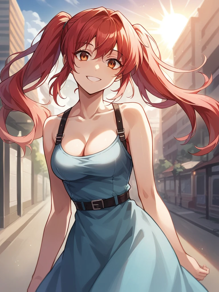 (digiNokia:1.3) , red hair, twintails, medium breast, energy, active, outdoors, uper body close_up, front view, looking at viewer, smile, city background, afternoon, sun rays, crowded, casual outfit, masterpiece, high quality, score_9, score_8_up, score_7_up, score_6, portrait, ping sweater, light blue dress, dress straps, bare shoulders, cleavage, neckline