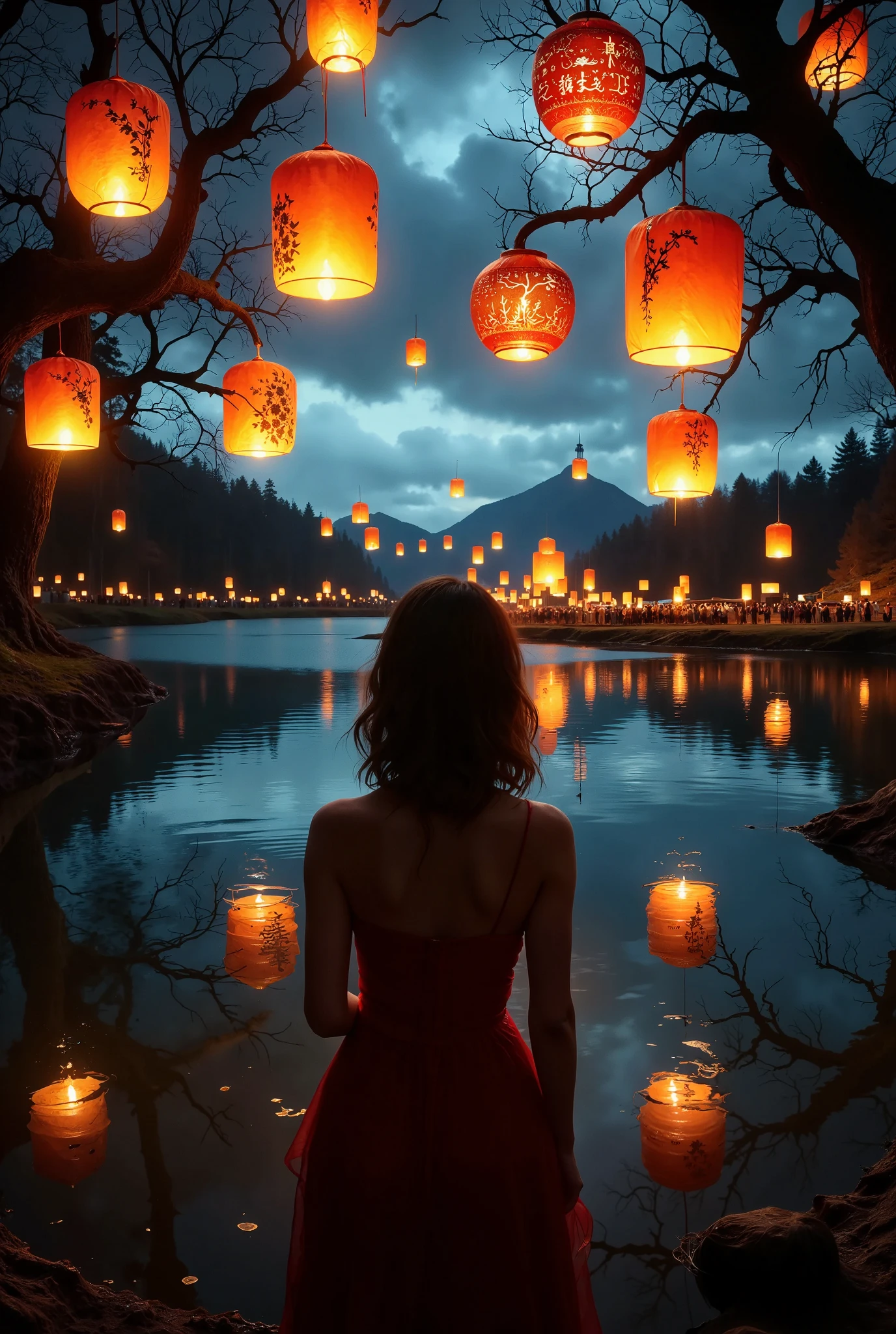 An atmospheric, long exposure night scene of a lantern festival over a calm, majestic lake at dusk. Hundreds of glowing lanterns with intricate decorative patterns in red, gold, and blue float gently upward and reflect beautifully on the still water, creating a mirror effect that enhances the warm, ethereal glow. The sky transitions from deep blues to purples, adding contrast with the lanterns’ light. Each lantern is unique but harmonized in design, forming a captivating tapestry against the night sky. Subtle light trails follow the lanterns due to the long exposure effect, adding a sense of motion. In the background, a tranquil forest lines the horizon, adding depth and serenity to the scene, framed by distant mountain silhouettes for a cinematic, magical atmosphere.