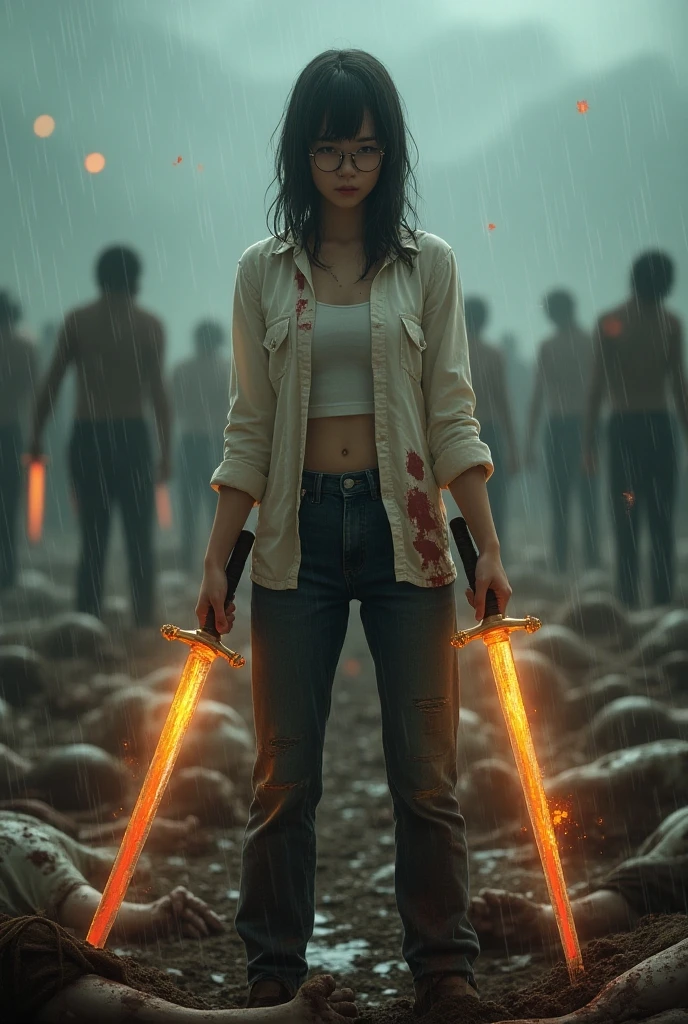 A cover image of a woman wearing a Thai school uniform, white shirt and black A-line skirt, fighting fiercely against a horde of zombies wearing different clothing, blood splattered, with a baseball bat hitting the zombies' heads. She wears tattered clothes, no exposure. The scene is dark and atmospheric, with a realistic and fierce style. The background is an old Thai temple, with a parked broken tuk-tuk and a horde of zombies.