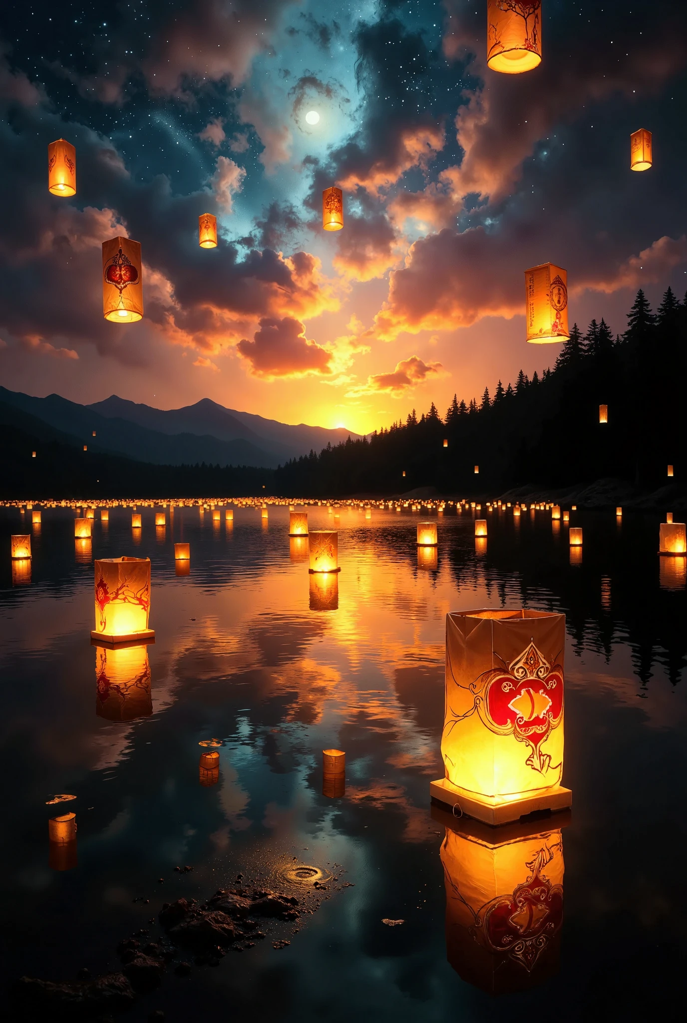 An atmospheric, long exposure night scene of a lantern festival over a calm, majestic lake at dusk. Hundreds of glowing lanterns with intricate decorative patterns in red, gold, and blue float gently upward and reflect beautifully on the still water, creating a mirror effect that enhances the warm, ethereal glow. The sky transitions from deep blues to purples, adding contrast with the lanterns’ light. Each lantern is unique but harmonized in design, forming a captivating tapestry against the night sky. Subtle light trails follow the lanterns due to the long exposure effect, adding a sense of motion. In the background, a tranquil forest lines the horizon, adding depth and serenity to the scene, framed by distant mountain silhouettes for a cinematic, magical atmosphere.