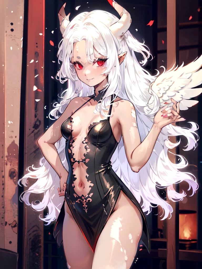 Angel with black horns, with matte black patchy vitiligo, wearing a black dress, with a white tail, with a pair of white wings, with sharp red eyes and a sharp smile, semi-wavy white hair, with a small purple/red diamond-shaped gem embedded in the center of the chest.