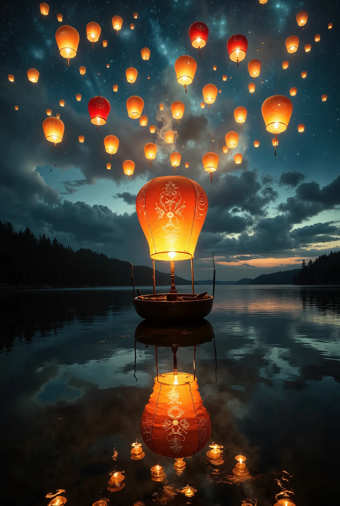 An atmospheric, long exposure night scene of a lantern festival over a calm, majestic lake at dusk. Hundreds of glowing lanterns with intricate decorative patterns in red, gold, and blue float gently upward and reflect beautifully on the still water, creating a mirror effect that enhances the warm, ethereal glow. The sky transitions from deep blues to purples, adding contrast with the lanterns’ light. Each lantern is unique but harmonized in design, forming a captivating tapestry against the night sky. Subtle light trails follow the lanterns due to the long exposure effect, adding a sense of motion. In the background, a tranquil forest lines the horizon, adding depth and serenity to the scene, framed by distant mountain silhouettes for a cinematic, magical atmosphere.