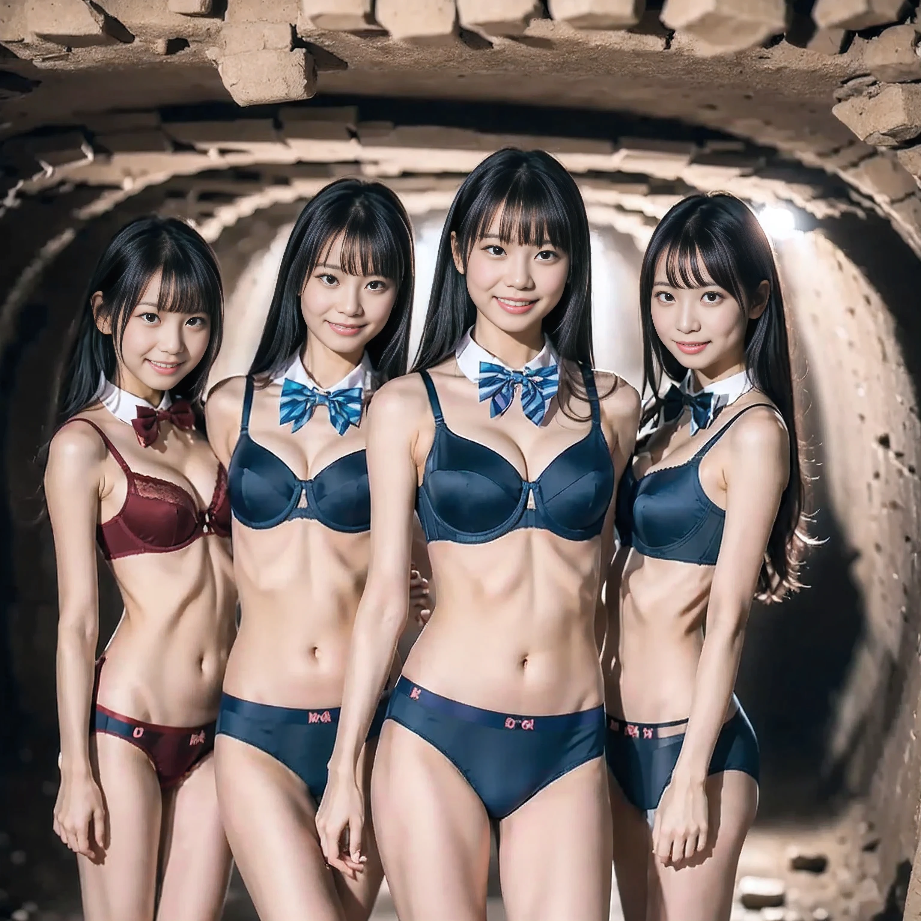 (4k, high quality, high quality, masterpiece), (brightness adjustment), (realistic), ((standing in an underground fortress)),
Beautiful girls captured by me, brainwashed to obey me, to follow me as my pawns,
((standing in front of me, looking at me)),
Three beautiful girls, Asian beautiful girls, Japanese women,
(black hair, slender figure, petite),
((bow tie, free color bra, panties)),
They are controlled by me by the bow tie attached to their necks.