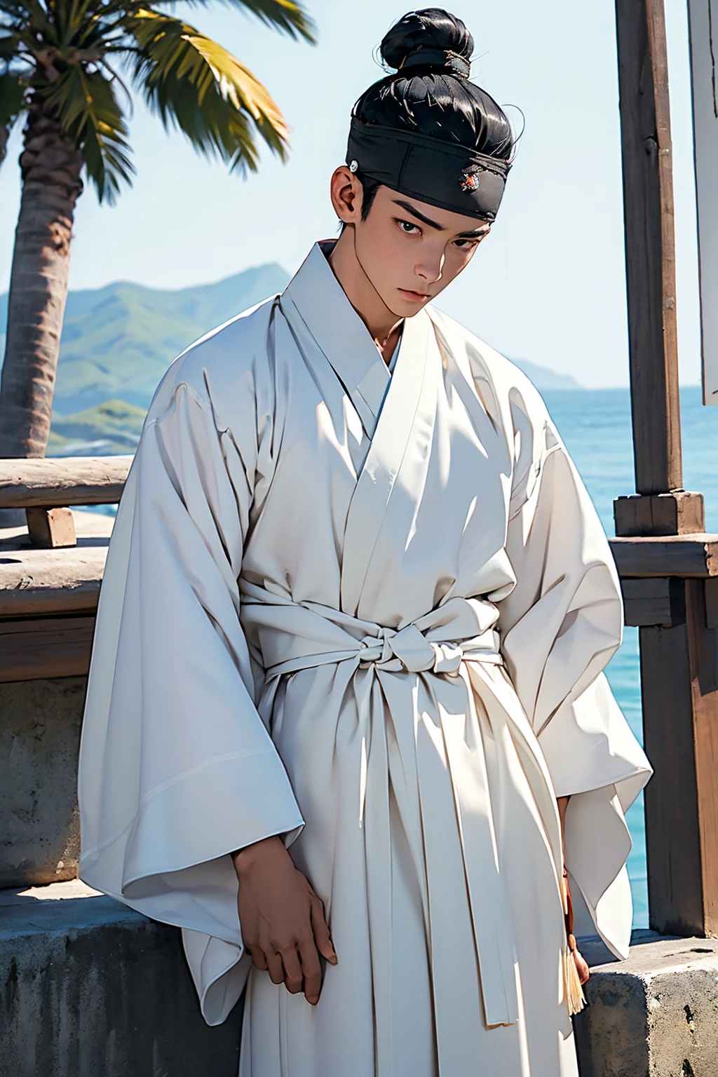 (absurdres, highres, masterpiece, best quality, ultra-realistic,ultra-detailed),(beautiful detailed face and eyes and hair:1.1),handsome,asian man,tall and muscular,broad shoulders,black hair,black eyes,datailed face,topknot,see-through headband,white hanbok,sad,upper body, sea background