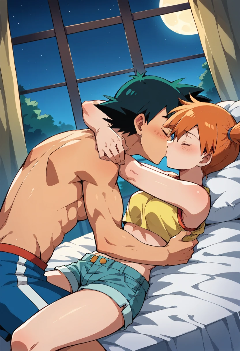 1boy, black hair, short hair, closed eyes, hair between eyes, ash ketchum, men shorts, shirtless, handsome boy, macho, good looking boy, lying in a bed, hugging her wrist and her back 1girl, orange hair, side ponytail, closed eyes, misty pokemon, yellow crop top, jean shorts, pretty, beautiful girl, lying, putting her hand on his chest, hugging his back, in a bed photograph of a 18 years old couple, at night, they're showing off their love and affection for each other, they're caressing, looking at each other, intimacy, erotic moment, lovemaking, at night, a window in the background, starry night with a full moon, an approaching kiss, his hand is under her crop top, crop_top_lift