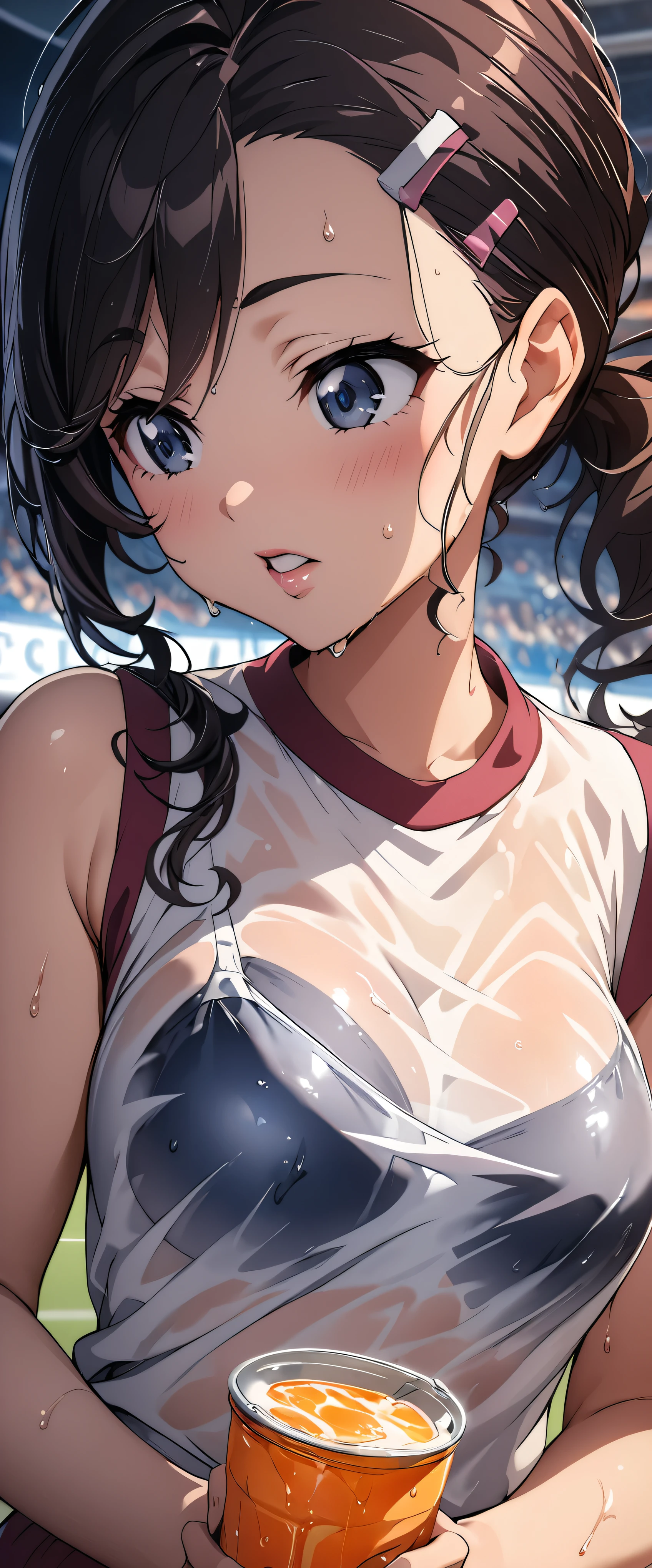 (((masterpiece)))、((Best Quality))、(Ultra-detailed)、(CG illustration)、(Very beautiful woman))、 cinematic light 、((1 Female))、 、(Beautiful and luxurious:1.2)、( One Woman :1.3)Sports Stadium,,((Japanese white sleeveless gym clothes),Wet with sweat,Beautiful ponytail,Drink a sports drink,Inuyama Mana,Black Hair,Glossy lips,Her clothes are see-through and her bra is visible