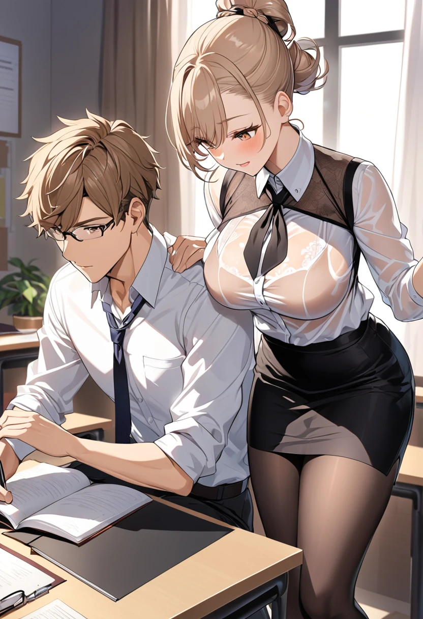 A male student is receiving tutoring ,  A girl wearing a blouse with see-through underwear and a black pencil skirt,  short, light brown hair up to the shoulders, Tied hair, big breasts, black tights