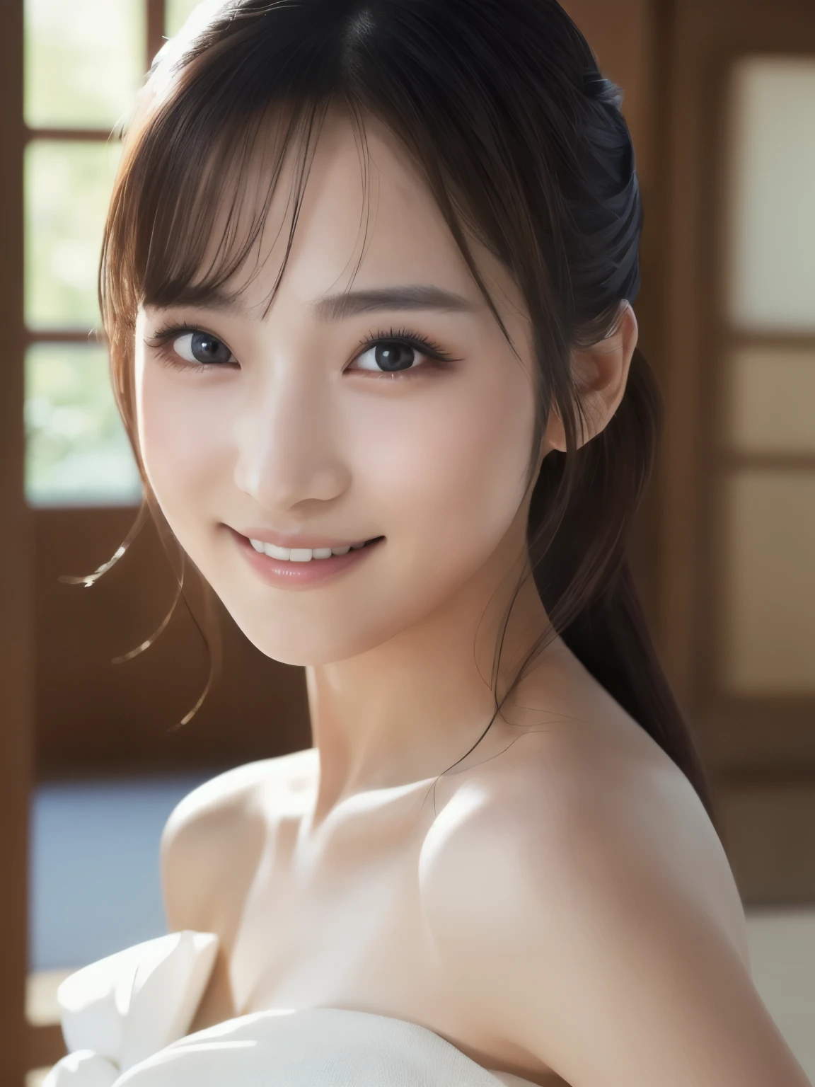 (ultra-detailed),((portrait )),1beautiful Japanese girl,((smile)),beautiful detailed eyes,beautiful detailed lips,extremely detailed face,longeyelashes,soft smile,natural lighting, wearling japanese elegant Kimono,realistic,(masterpiece:1.4),(best quality:1.4),(shiny skin),makeup,smile(skinny,closed mouth,shy :1.3) ,((smile)),(8k, RAW photo, best quality, masterpiece:1.2), (realistic, photo-realistic:1.37),(sharp focus:1.2), professional lighting, photon mapping, radiosity, physically-based rendering,