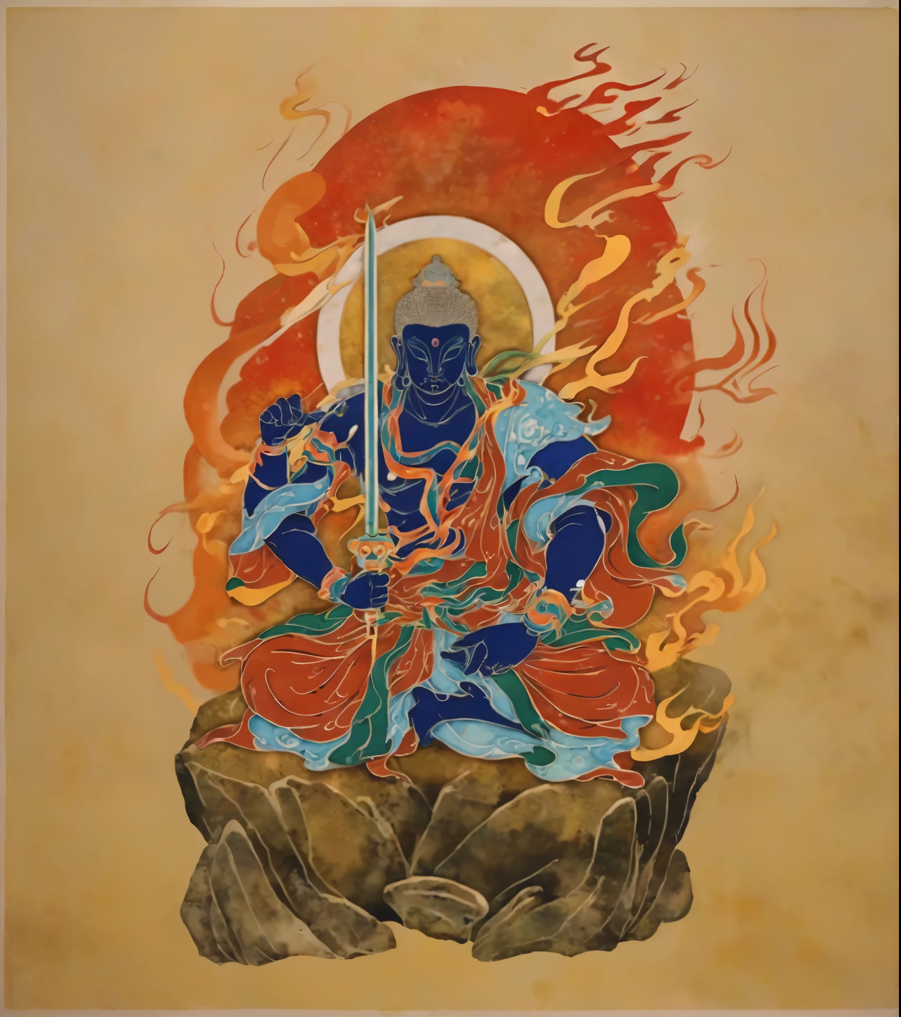 Picture of a man sitting on a rock with a sword in his hand,  Asura from Chinese mythology , time, They,  tanga ,  Inspired by Tawaraya Sotatsu ,  puşkaracūa  ,   full color illustration, Japanese God, Hindu good, tibetan  tanga , Buddha、Watercolor:1.5、burning flame background、White background、 mystical illustration