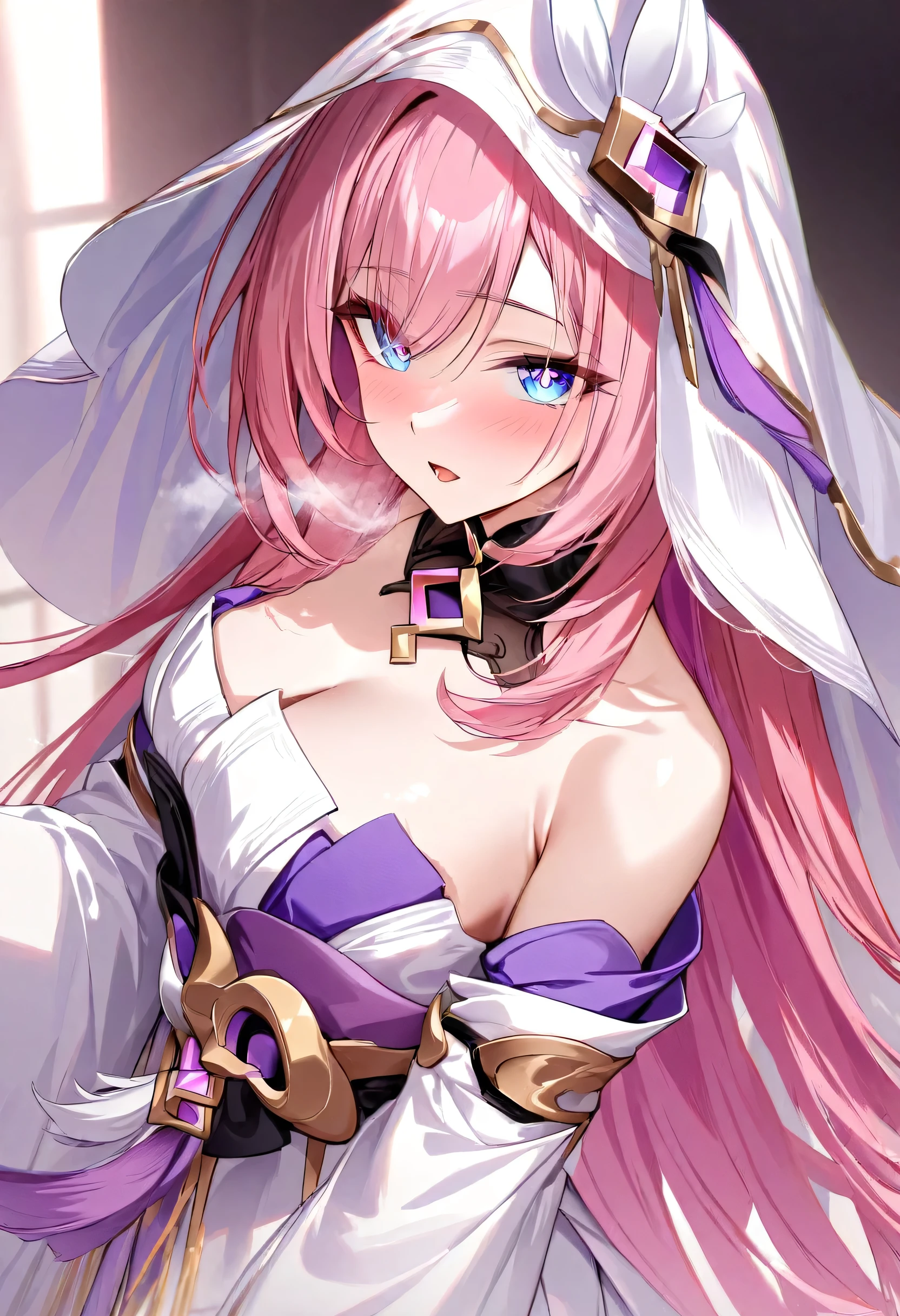 score_9, score_8_up, score_7_up, masterpiece, best quality, absurdres, vibrant, highly detailed, 1girl, solo, adult grown woman, elysia \(herrscher of human:ego\) \(Honkai impact\), pointed ears, pink hair, blue eyes, long hair, diamond-shaped pupils, heavy breathing, incoming hug, selfie, (traditional Japanese bridal kimono:1.6), (white ceremonial robe:1.5), (pink inner lining:1.4), (silk fabric with subtle crane patterns:1.3), (hooded veil:1.5), (red decorative tassels:1.4), (elegant knot accents:1.3), (long flowing sleeves:1.4), (modest and graceful design:1.5), (traditional Japanese aesthetic:1.4), (bridal formality:1.6), (minimalistic accessory style:1.4), (classic Japanese cultural attire:1.5)