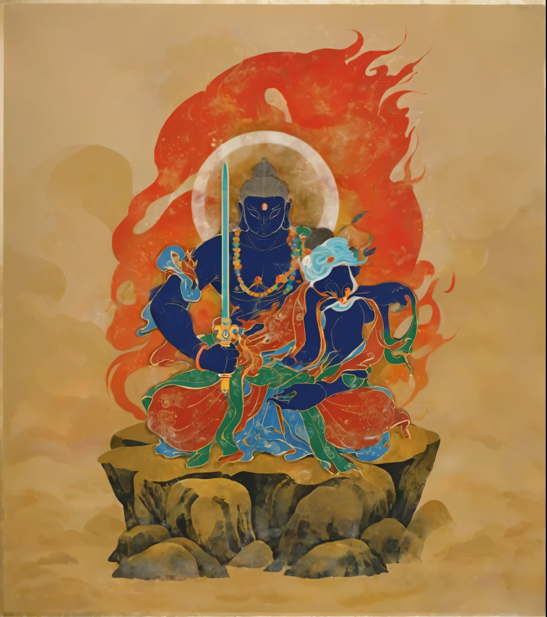 Picture of a man sitting on a rock with a sword in his hand,  Asura from Chinese mythology , time, They,  tanga ,  Inspired by Tawaraya Sotatsu ,  puşkaracūa  ,   full color illustration, Japanese God, Hindu good, tibetan  tanga , Buddha