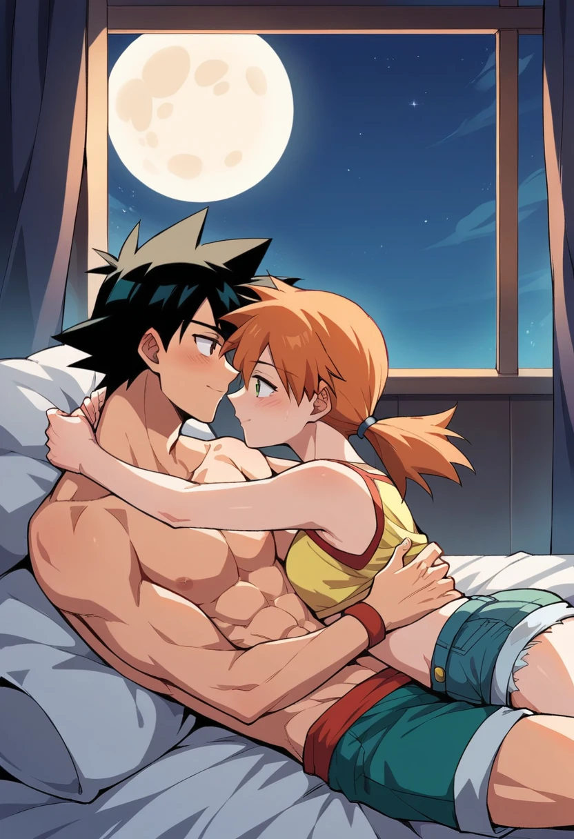 1boy, black hair, short hair, brown eyes, hair between eyes, ash ketchum, men shorts, shirtless, handsome boy, macho, good looking boy, lying in a bed, hugging her wrist and her back 1girl, orange hair, side ponytail, green eyes, misty pokemon, yellow crop top, jean shorts, pretty, beautiful girl, lying, putting her hand on his chest, hugging his back, in a bed photograph of a 18 years old couple, at night, they're showing off their love and affection for each other, they're caressing, looking at each other, intimacy, erotic moment, lovemaking, at night, a window in the background, starry night with a full moon, his hand is under her crop top, crop_top_lift