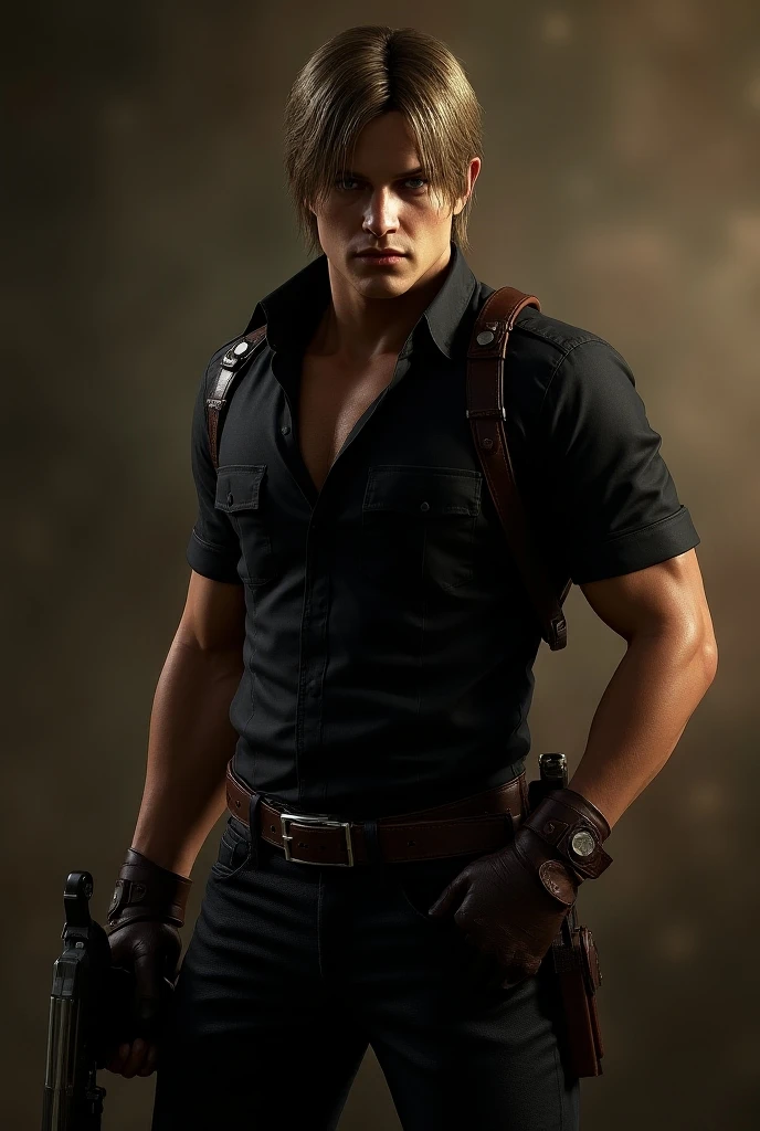1 man, young man, 27 year old, Leon S. Kennedy from Resident evil 4, face of Eudard Badaluta, solo, white skin, muscular, lean muscle man, tall, hunk, wide shoulder, clean-shaven, dark brown hair, curtain hairstyle, dark brown cold long sleeve leather jacket with white fur on the neck, black color T shirt inside, black pant, holding a pistol on right hand, viewer looking, high resolution:1.2, best quality, upper body shot, flat style, cloudy sky and old Spanish village background, nightime, low camera angle, volumetric lighting, depth of field, shadow