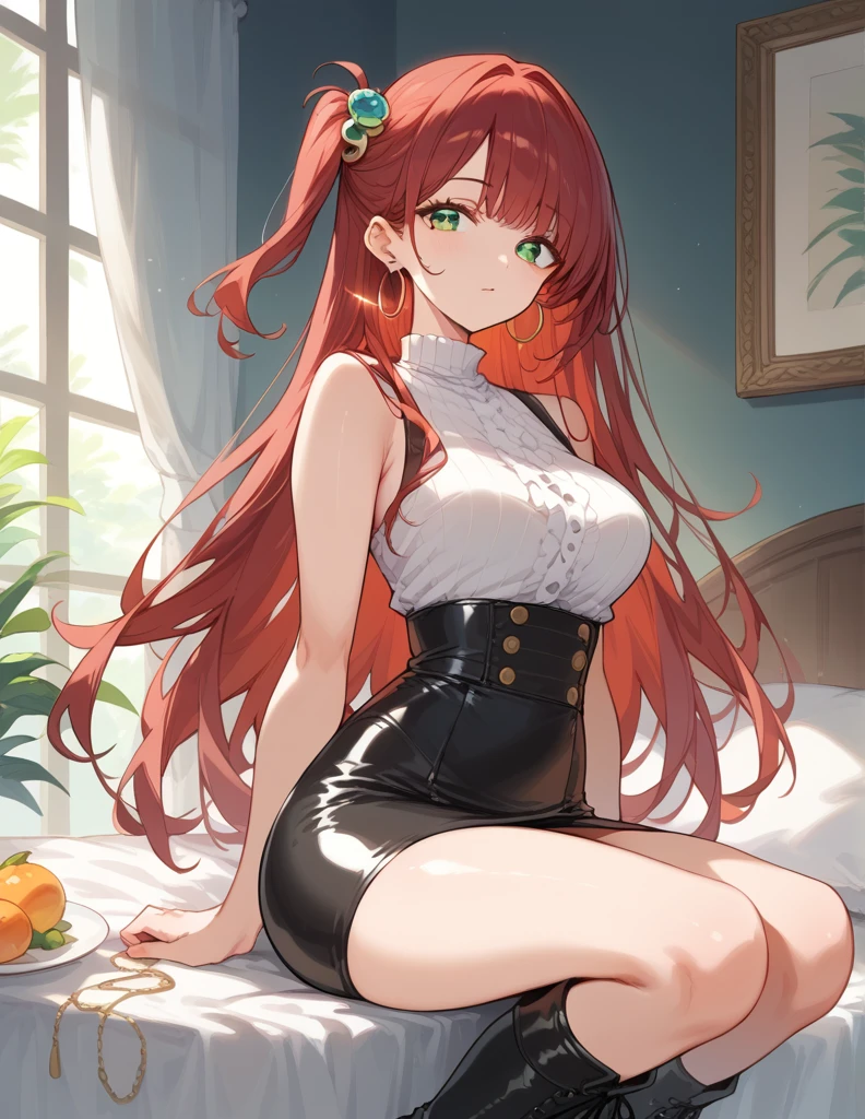 score_9, score_8_up, score_7_up, source_Cartoon, Morning Fragrance  ,   red hair, (green eyes, one side up),,hair accessories,   Glossy Skin , long hair,  Hoop Earrings... White Sleeveless Leatherette... Black High Waist Skinny Skirt.Leather Black Horse Boots ..Sunshine Breakfast 