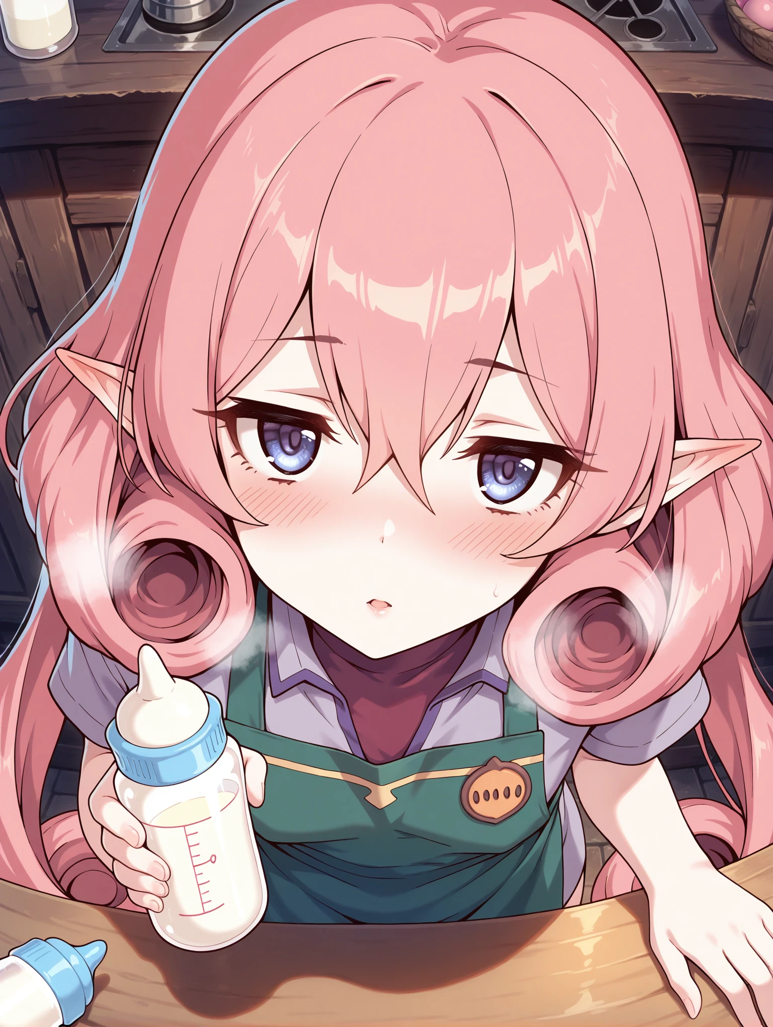 1girl, solo, neneka \(princess connect!\), narrow mouth, thin lips, heavy breathing, blush, (shaded face:0.6), holding a bottle, baby bottle, looking at viewer, green apron, upper_body, leaning_forward, from above, 
,masterpiece,best quality,amazing quality,very aesthetic,absurdres,newest,