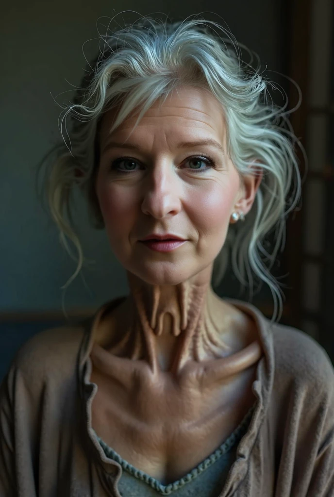 (2 women), photorealistic, masterpiece, 80yo, (one woman in police realistic uniform, with silver hair, wrinkles, closed eyes), ((kissing a short blonde girl sporting a ponytail and smiling))