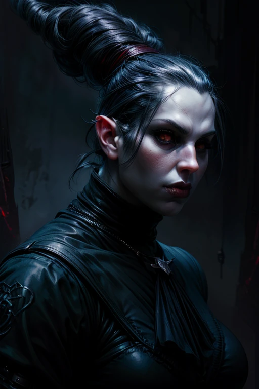 Woman with white hair and red eyes in black outfit, Vampire Girl, Dark, But detailed digital art, dark fantasy style art, Portrait of a vampire, androgynous vampire, Dark art style, style of charlie bowater, gothic horror vibes, tom bagshaw artstyle, gothic art style, dark fantasy portrait, neoartcore and charlie bowater