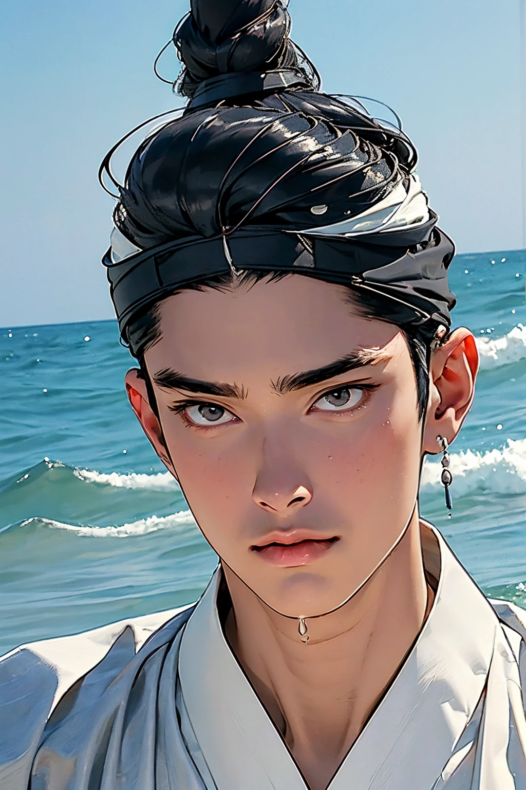 (absurdres, highres, masterpiece, best quality, ultra-realistic,ultra-detailed),(beautiful detailed face and eyes and hair:1.1),handsome,asian man,tall and muscular,broad shoulders,black hair,black eyes,datailed face,topknot,see-through headband,white hanbok,sad,upper body, sea background