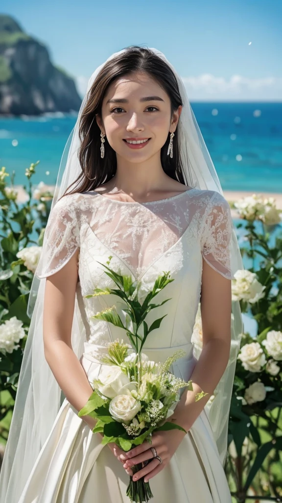 solo,  turn your gaze ,  Hi-Res, masterpiece,  Anatomically Correct , Best Quality,  details,  High Definition Model ,  Ultra High Definition,  textured skin, 8K Octane, Artistic, Cinematography, woman、 Pure White Wedding Dress、The background is a chapel with a view of the ocean、A modest smile、