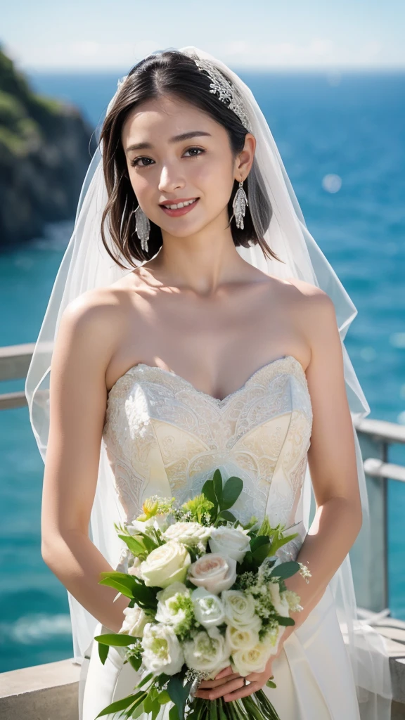 solo,  turn your gaze ,  Hi-Res, masterpiece,  Anatomically Correct , Best Quality,  details,  High Definition Model ,  Ultra High Definition,  textured skin, 8K Octane, Artistic, Cinematography, woman、 Pure White Wedding Dress、The background is a chapel with a view of the ocean、A modest smile、