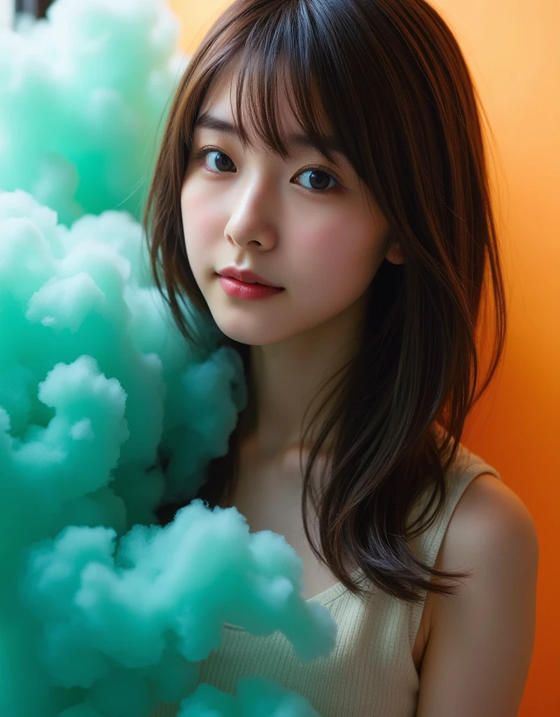 Asian woman, close-up of upper body, slender face, a softbox illuminates the woman's face while swirling turquoise and orange smoke surrounds her in a dreamy aura. Her eyes gaze flirtatious into the camera, her mouth is slightly open, and the studio setting provides a backdrop of crisp, bold colors contrasting with the ethereal mist. Her features are accentuated by the gentle light while the mysterious mist creates an otherworldly atmosphere.