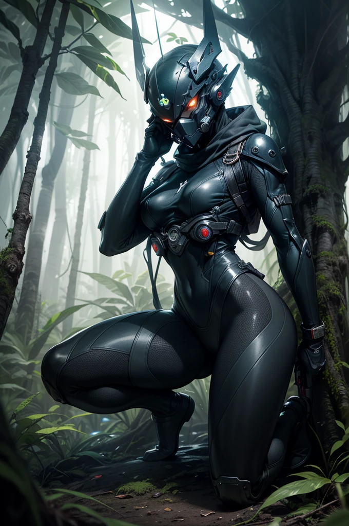 photo , Smart, ((One:1.3)), a mask, Weaving,  glowing eyes,  Cover your face completely , black bodysuit, gun, skin-tight face a mask,  stand on top of a tree ,  Kneeling next to a giant tree, lush jungle , dense forest,  rainforest ,  dark atmosphere , at night, 