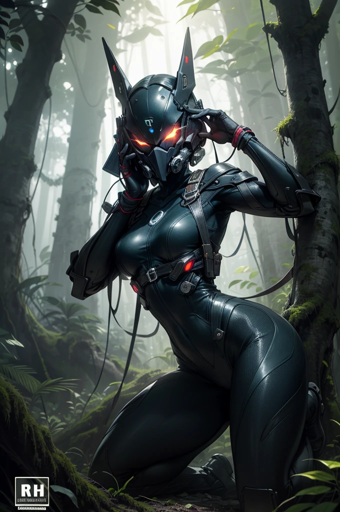 photo , Smart, ((One:1.3)), a mask, Weaving,  glowing eyes,  Cover your face completely , black bodysuit, gun, skin-tight face a mask,  stand on top of a tree ,  Kneeling next to a giant tree, lush jungle , dense forest,  rainforest ,  dark atmosphere , at night, 