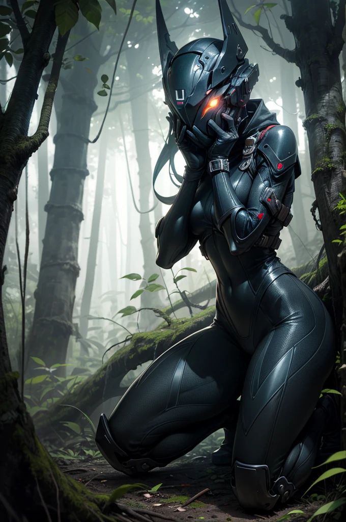 photo , Smart, ((One:1.3)), a mask, Weaving,  glowing eyes,  Cover your face completely , black bodysuit, gun, skin-tight face a mask,  stand on top of a tree ,  Kneeling next to a giant tree, lush jungle , dense forest,  rainforest ,  dark atmosphere , at night, 