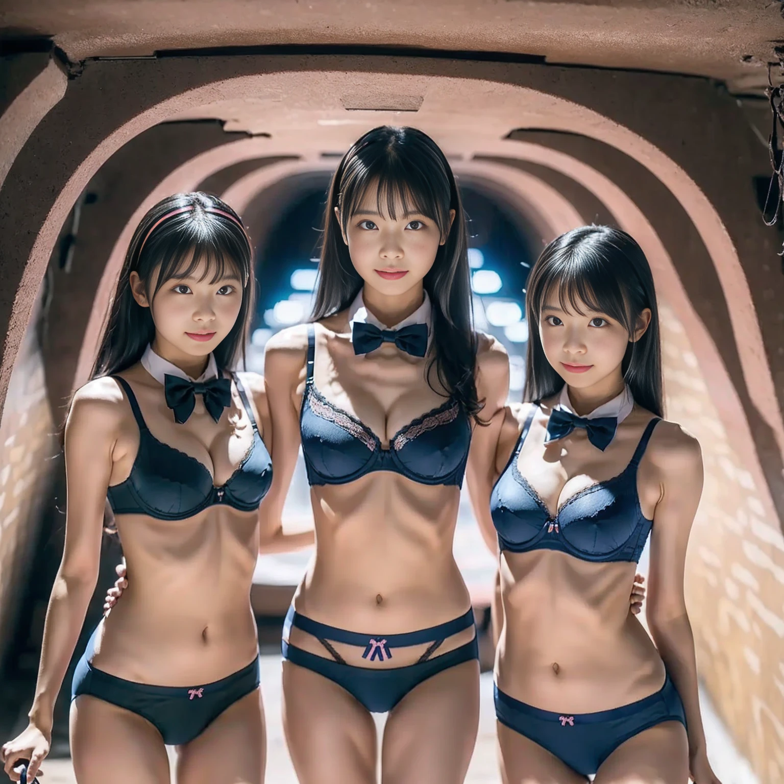 (4k, high quality, high quality, masterpiece), (brightness adjustment), (realistic), ((standing in an underground fortress)),
Beautiful girls captured by me, brainwashed to obey me, to follow me as my pawns,
((standing in front of me, looking at me)),
Three beautiful girls, Asian beautiful girls, Japanese women,
(black hair, slender figure, petite),
((bow tie, free color bra, panties)),
They are controlled by me by the bow tie attached to their necks.