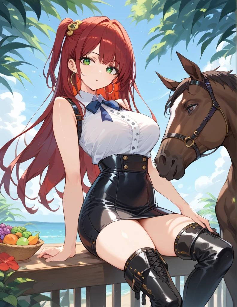 score_9, score_8_up, score_7_up, source_Cartoon, Morning Fragrance  ,   red hair, (green eyes, one side up),,hair accessories,   Glossy Skin , long hair, Hoop Earrings... White Sleeveless Leatherette... Black High Waist Skinny Skirt.Leather Black Horse Boots ..Sunshine Lunch