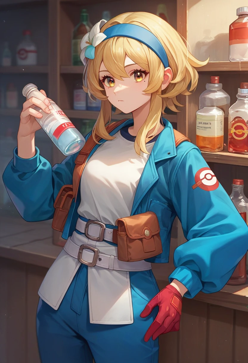 score_9, score_8_up, score_7_up, source_anime, solo, 1girl, pokemoncarmine, hand on hip, mole under eye, hairband, blue jacket, long sleeves, red gloves, single glove, blue pants, white belt, pouch, looking at pill bottle, holding medicine, bottle, reading medicine bottle