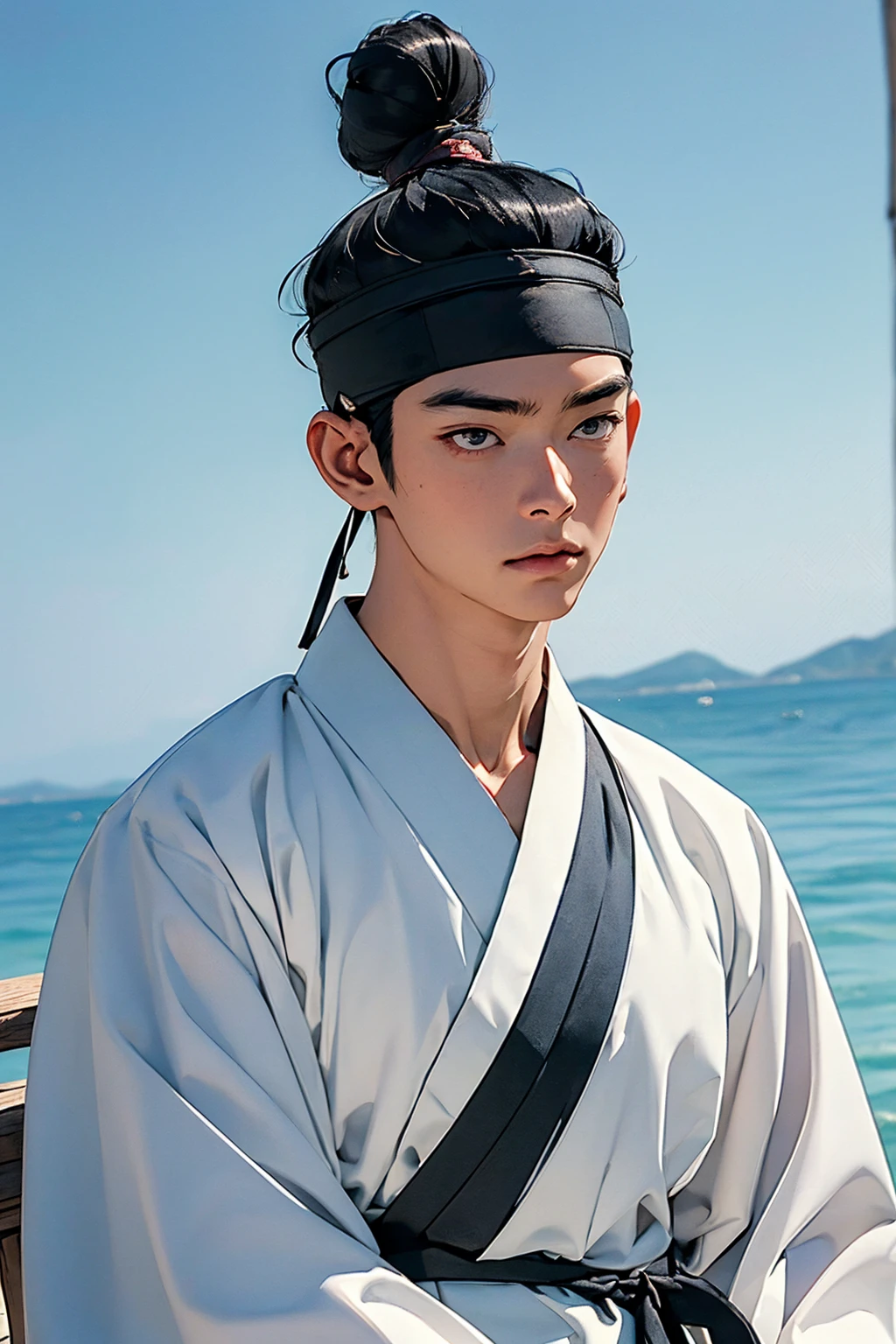 (absurdres, highres, masterpiece, best quality, ultra-realistic,ultra-detailed),(beautiful detailed face and eyes and hair:1.1),handsome,asian man,tall and muscular,broad shoulders,black hair,black eyes,datailed face,topknot,see-through headband,white hanbok,sad,upper body, sea background