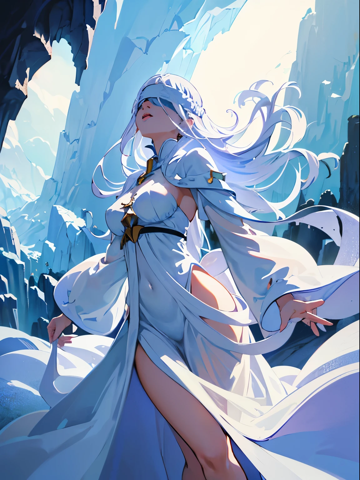 A anime girl in profile walking in a cave with ice walls, (((distant photographic angle))), the ice walls make the most perfect reflections, (((blindfold full white))), casual long white dress with syrup, white hair, long sideburns, luminous almost white eyes, perfect thick lips, small mouth, small breasts, thick legs, big ass, {extremely detailed 16k CG unit wallpaper}, expansive landscape photography, (a view from below with focus on character and sky above), (wide open field view), (low angle shot), (high light: 1.5), (low light: 1.3), (warm light source: 1.2), complex details , (iridescent colors: 1.5), (bright lighting), (atmospheric lighting), dreamy, unique,
