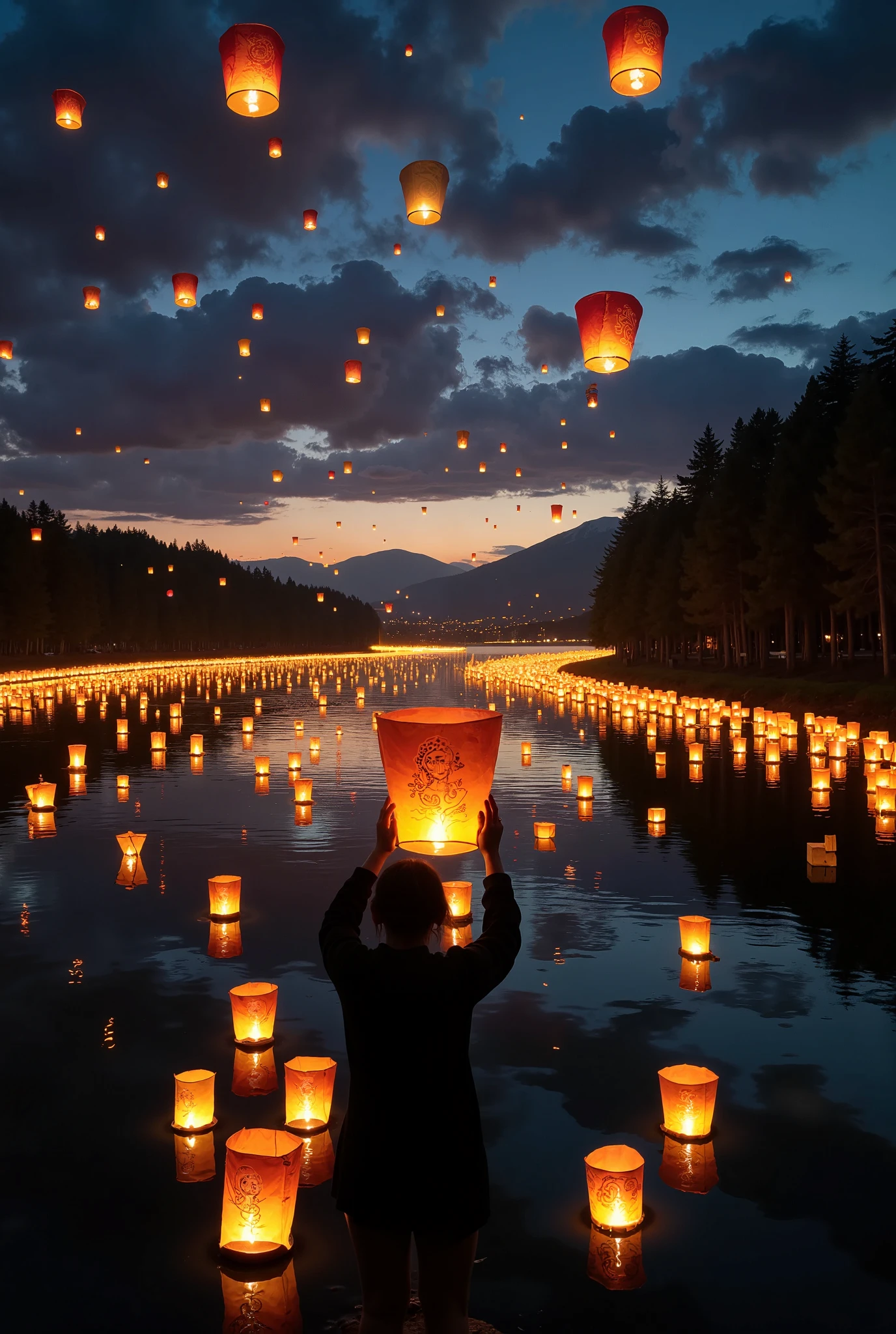 An atmospheric, long exposure night scene of a lantern festival over a calm, majestic lake at dusk. Hundreds of glowing lanterns with intricate decorative patterns in red, gold, and blue float gently upward and reflect beautifully on the still water, creating a mirror effect that enhances the warm, ethereal glow. The sky transitions from deep blues to purples, adding contrast with the lanterns’ light. Each lantern is unique but harmonized in design, forming a captivating tapestry against the night sky. Subtle light trails follow the lanterns due to the long exposure effect, adding a sense of motion. In the background, a tranquil forest lines the horizon, adding depth and serenity to the scene, framed by distant mountain silhouettes for a cinematic, magical atmosphere.