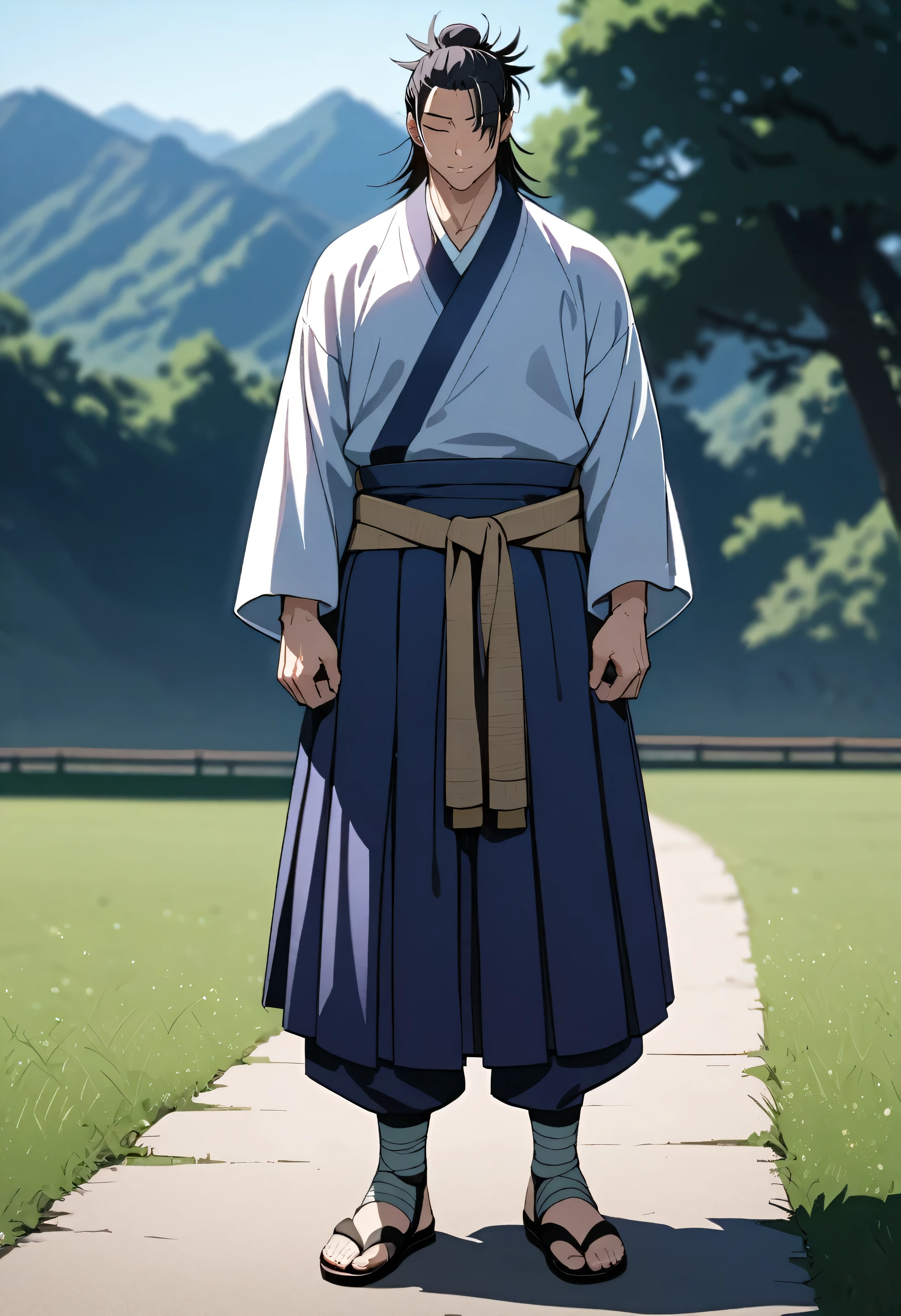 masterpiece, best quality, perfect lighting, high resolution, 1 guy, samurai, muscular, (tall stature), slim build, black hair, (manbun samurai hairstyle), spiky dual bangs, shut eyes, calm demeanor, handsome, (masculine face), (white baggy long-sleeve kimono top), long faded-blue cloth wrapped around waist, (thick light-purple rope wrapped around waist), mildly baggy navy-blue pants, (black bandages wrapped over ankles), black sandals, ((sheathed katana behind on waist)), arms crossed, full body view, three-quarter view, pasture background, (detailed background)