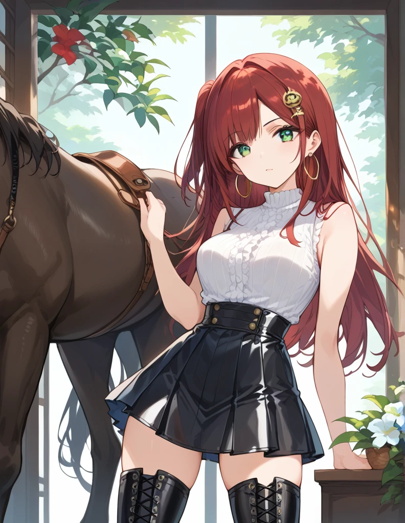 score_9, score_8_up, score_7_up, source_Cartoon, Morning Fragrance  ,   red hair, (green eyes, one side up),,hair accessories,   Glossy Skin , long hair,  Hoop Earrings... White Sleeveless Leatherette... Black High Waist Skinny Skirt.Leather Black Horse Boots ..Sunshine Dinner