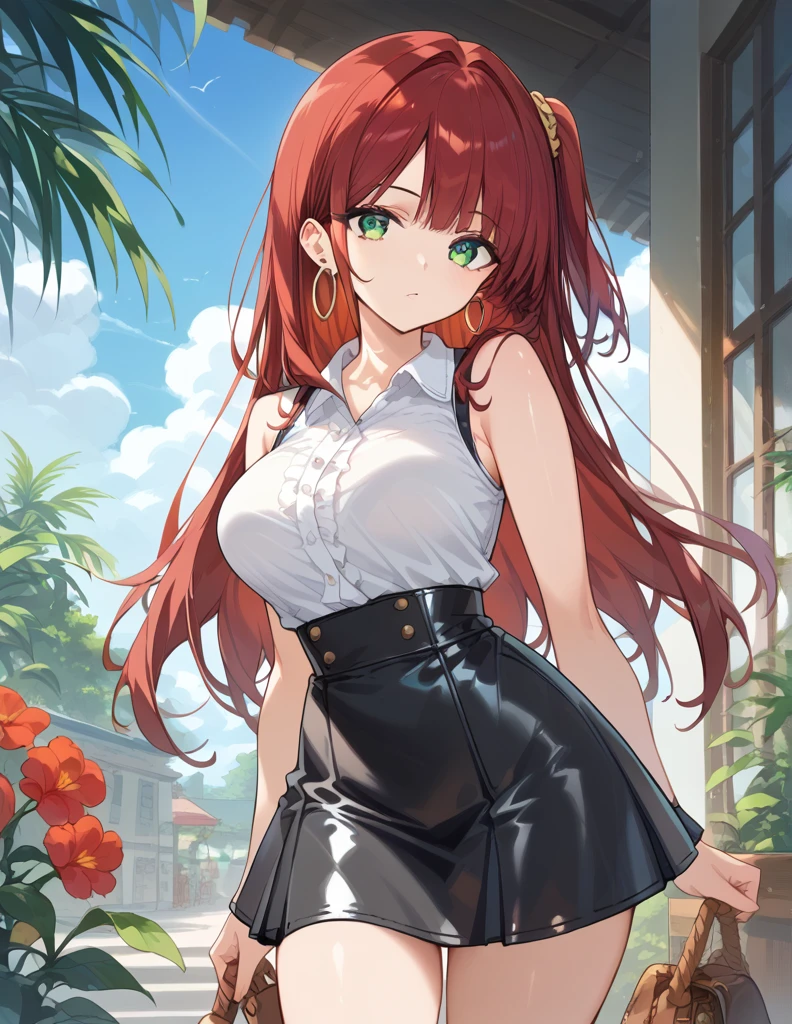 score_9, score_8_up, score_7_up, source_Cartoon, Morning Fragrance  ,   red hair, (green eyes, one side up),,hair accessories,   Glossy Skin , long hair,  Hoop Earrings... White Sleeveless Leatherette... Black High Waist Skinny Skirt.Leather Black Horse Boots ..Sunshine Dinner