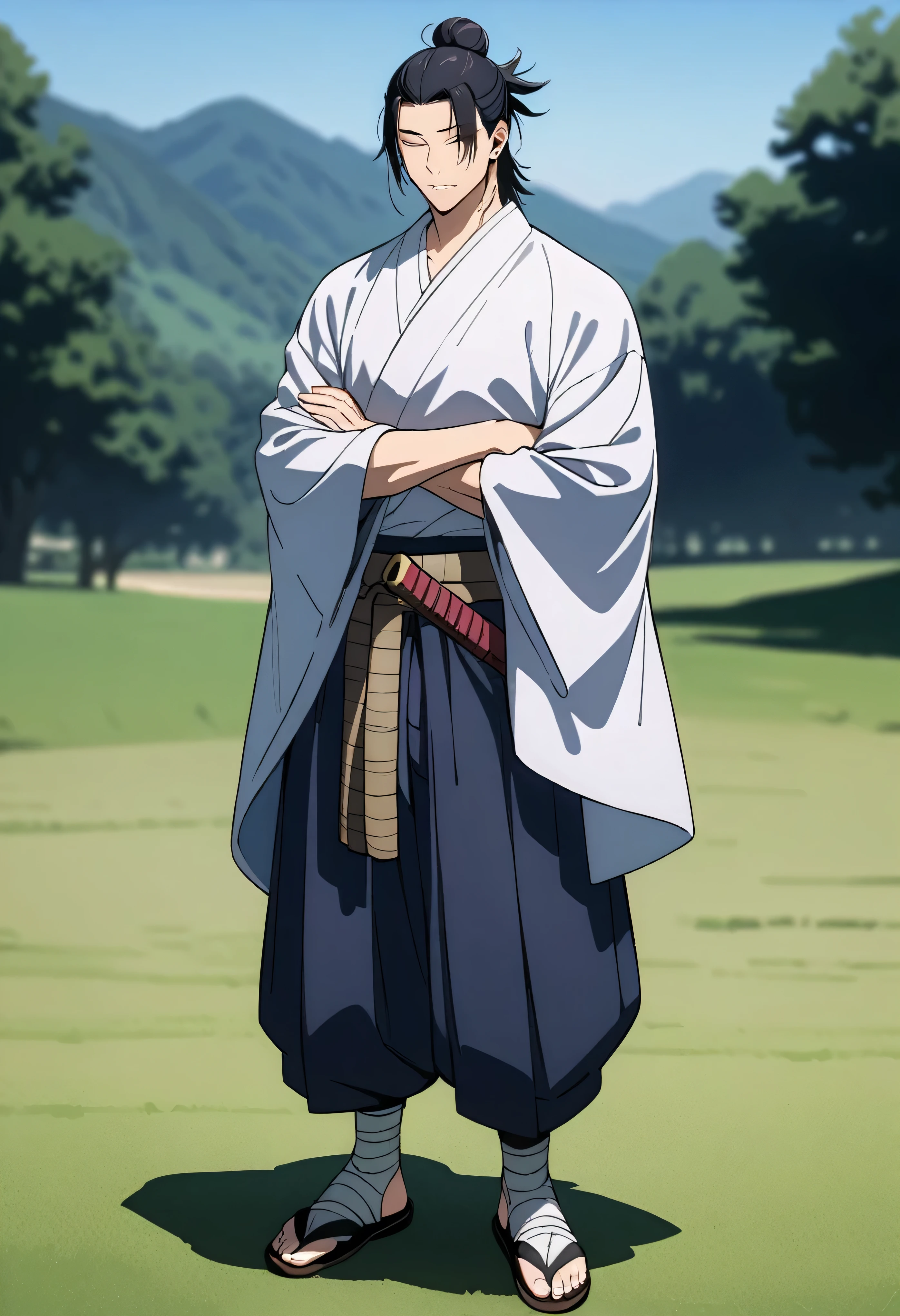 masterpiece, best quality, perfect lighting, high resolution, 1 guy, samurai, muscular, (tall stature), slim build, black hair, (manbun samurai hairstyle), spiky dual bangs, shut eyes, calm demeanor, handsome, (masculine face), (white baggy long-sleeve kimono top), long faded-blue cloth wrapped around waist, (thick light-purple rope wrapped around waist), mildly baggy navy-blue pants, (black bandages wrapped over ankles), black sandals, ((sheathed katana behind on waist)), arms crossed, full body view, three-quarter view, pasture background, (detailed background)