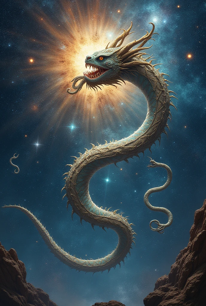 Besta celestial, centipede appearance, in space, the size of stars, several human arms across the body, in the void of space, several stars around