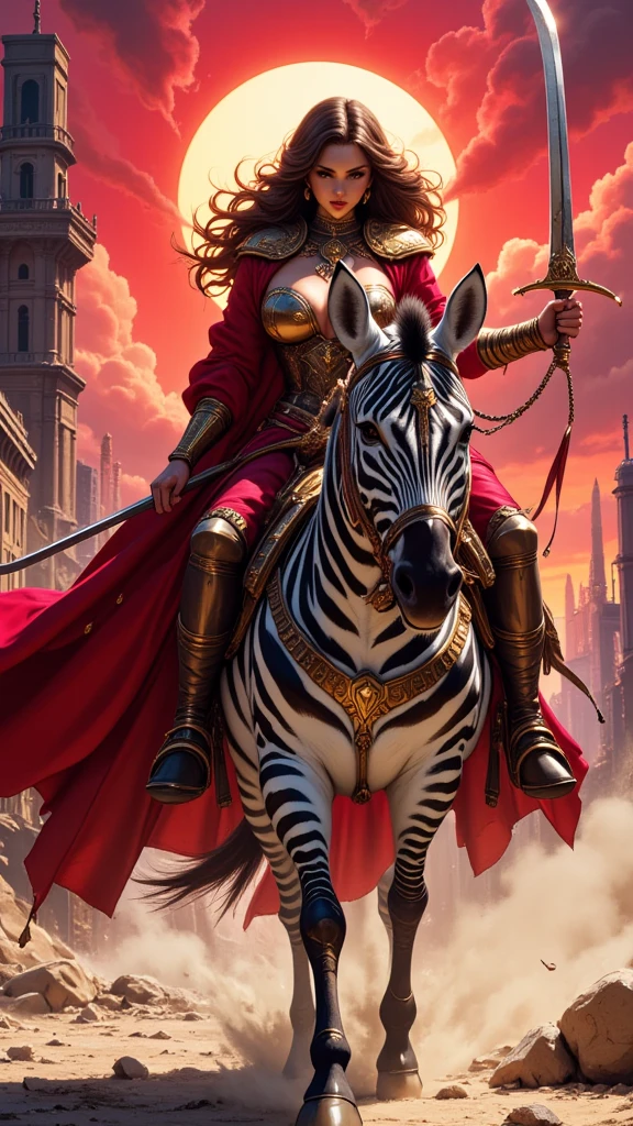 A fierce Arabian Amazon warrior clad in intricately embroidered Bedouin garments, her flowing red and black robes adorned with gold trimmings and protective leather armor. She rides a massive, muscular zebra with distinct black and white stripes, its mane braided with small metal trinkets and glowing runes. Her posture is commanding, holding an ornate curved sword in one hand and a polished bronze shield in the other, reflecting the last rays of the setting sun. She leads a charge across a desolate, post-apocalyptic wasteland, where remnants of a shattered civilization—crumbling skyscrapers, rusted vehicles, and twisted metal structures—litter the barren ground. Dust swirls around her as the scarlet glow of the sun silhouettes her figure, casting long shadows that stretch across the debris-strewn landscape. The sky is painted in intense hues of fiery red and deep purple, adding a sense of impending doom to the scene, while the warrior's determined expression and battle-ready stance convey her unwavering resolve.