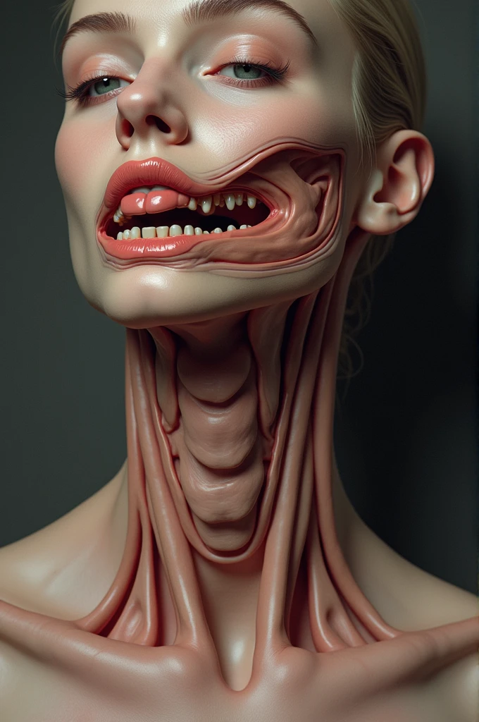 masterpiece, best quality, 1girl, huge breasts, massive breasts, nude breasts, naked breasts, headless, head removed, no head, missing head, mouth on neck, mouth hole, red lips, no teeth, toothless, plump lips, swollen lips