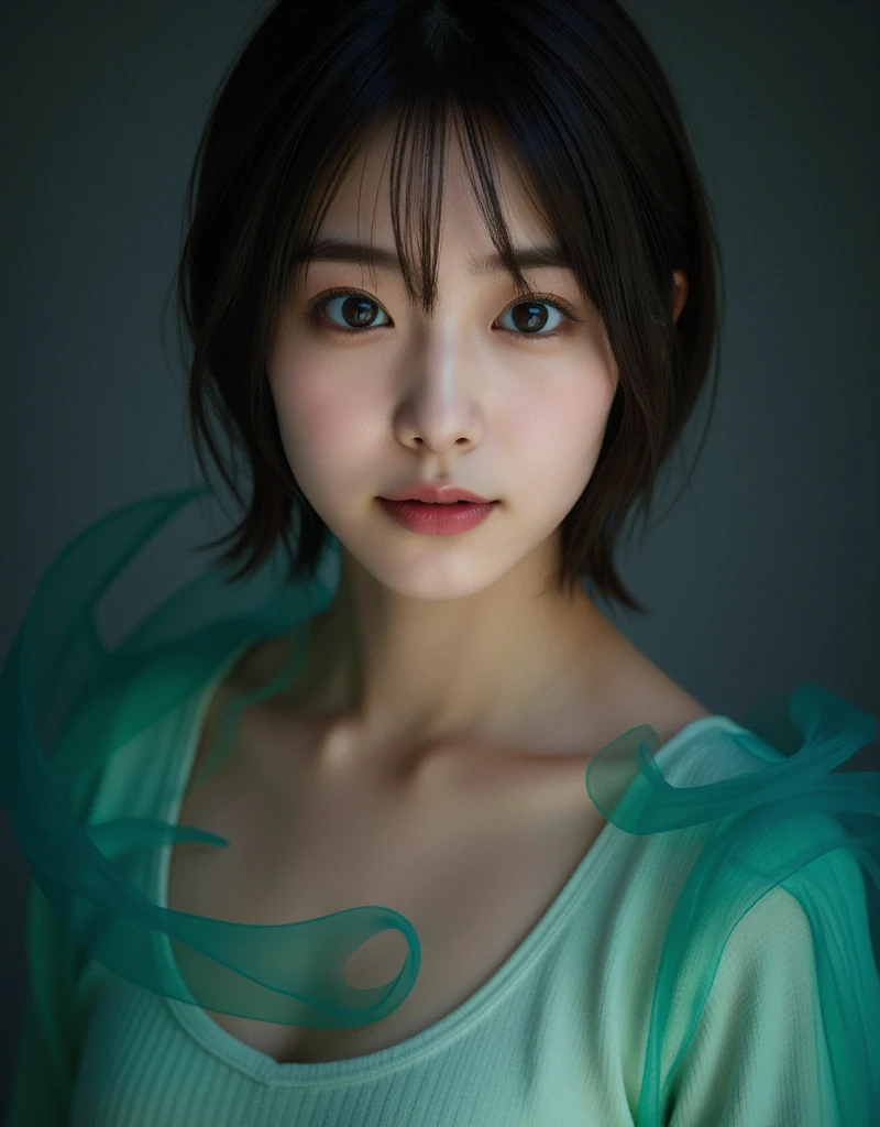 Asian woman, close-up of upper body, narrow face, a softbox illuminates the woman's face while a swirling (blue-green and orange bi-toned mist:1.5) surrounds her with a dreamy aura. Her eyes gaze flirtatious into the camera, she is smiling and her mouth is slightly open, the studio setting provides an infinitely dark backdrop contrasted with the ethereal bi-toned mist. Her features are accentuated by the gentle light while the mysterious bi-toned mist creates an otherworldly atmosphere.