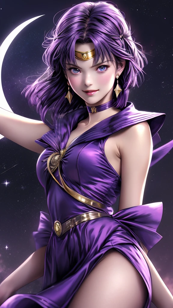 (solo, 1girl), (absurdres, highres, official wallpaper, poster), (masterpiece, best quality:1.2), (illustration, realistic), (perfect details, highest detailed, extreme detailed), dramatic light, AmiMizuno (sailor saturn, neck ribbon,purple hair, short hair, circlet, jewelry, crescent earrings), (city, starry sky), (seductive smile, blush, standing)