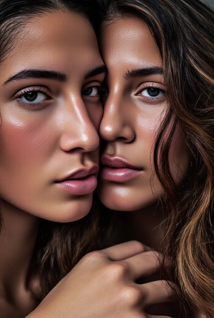 2 girls facing each other, chest against chest, beautiful, masterpiece, (photorealistic, masterpiece, raw,:1.4), night scene, dark hair, natural skin texture, happy, freckles