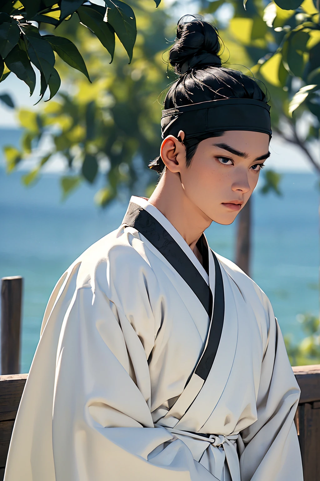 (absurdres, highres, masterpiece, best quality, ultra-realistic,ultra-detailed),(beautiful detailed face and eyes and hair:1.1),handsome,asian man,tall and muscular,broad shoulders,black hair,black eyes,datailed face,topknot,see-through headband,white hanbok,sad,upper body, sea background