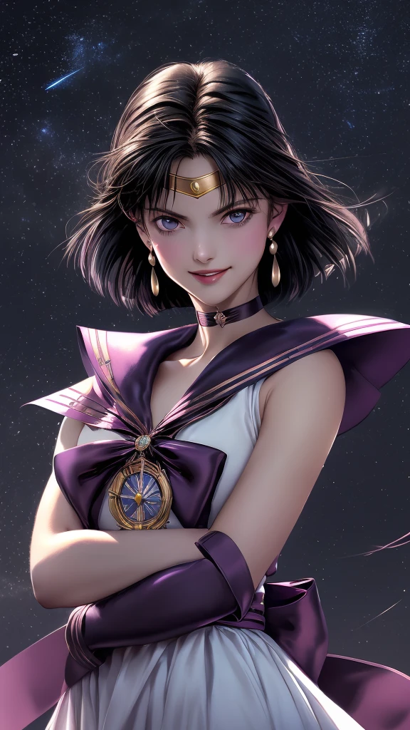 (solo, 1girl), (absurdres, highres, official wallpaper, poster), (masterpiece, best quality:1.2), (illustration, realistic), (perfect details, highest detailed, extreme detailed), dramatic light, AmiMizuno (sailor saturn, neck ribbon,black hair, short hair, circlet, jewelry, crescent earrings), (city, starry sky), (seductive smile, blush, standing)