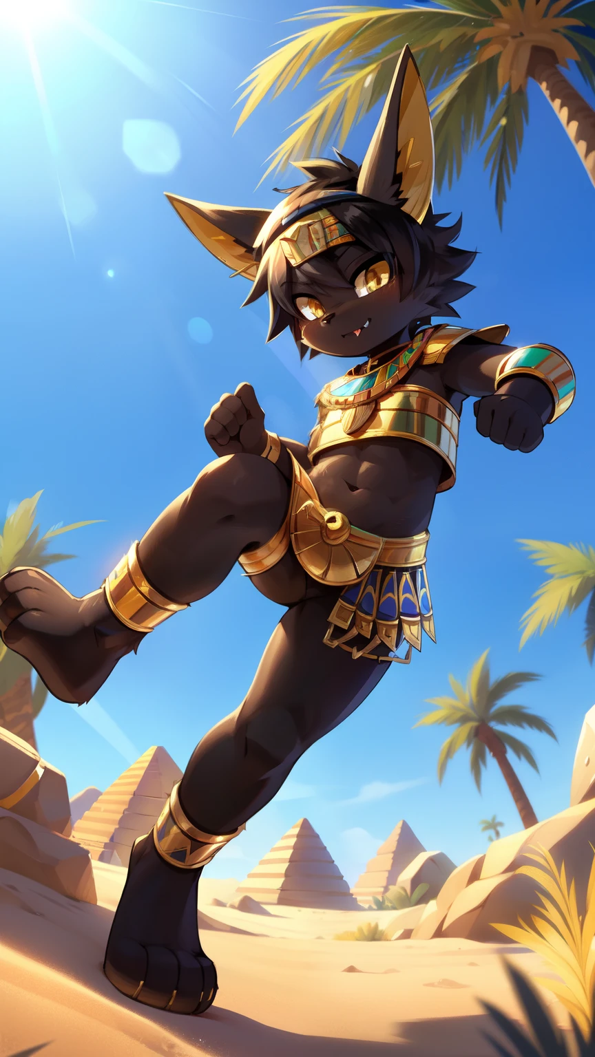 score_9,score_8_up,score_7_up, source_cartoon, source_furry, Anubis, Furry shota, jackal, black hair, short spiky hair, yellow eyes, detailed body fur, ((minuscule Egyptian antique clothes, cute sexy and almost naked, gold crop top armor, midriff, gold headband)), masterpiece, looking at you, fangs, black body fur, detailed face, big eyebrows, detailed eyes, detailed body, detailed body fur, detailed hands, flat body, glistering body, shiny body, skinny, perfect lighting, perfect shadows, perfect eyes, perfect hair, perfect face, gorgeous body, solo, :3, full body, feets with three toes, desert, oasis, palm tree, clear sky, motion blur, kick at viewer, kick act, punch act, dynamic angle,