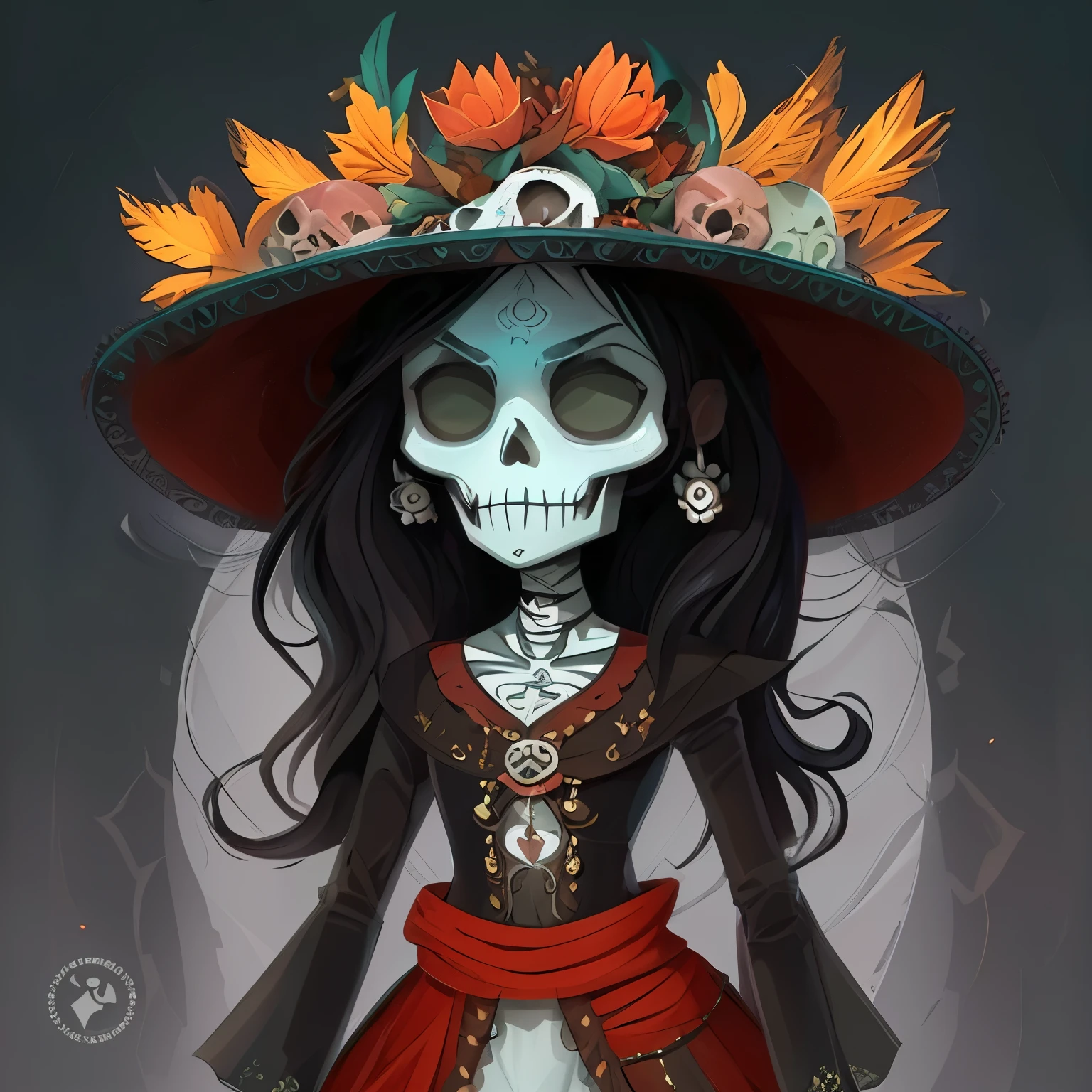  Imagine Complete illustration in 2D style of a character of death in the Xantolo troupe ,  wearing a dark dress and a wide hat decorated with skull details and cempasúchil flowers.  The character has a solemn and mysterious expression , representing the connection with the spiritual world . transparent background