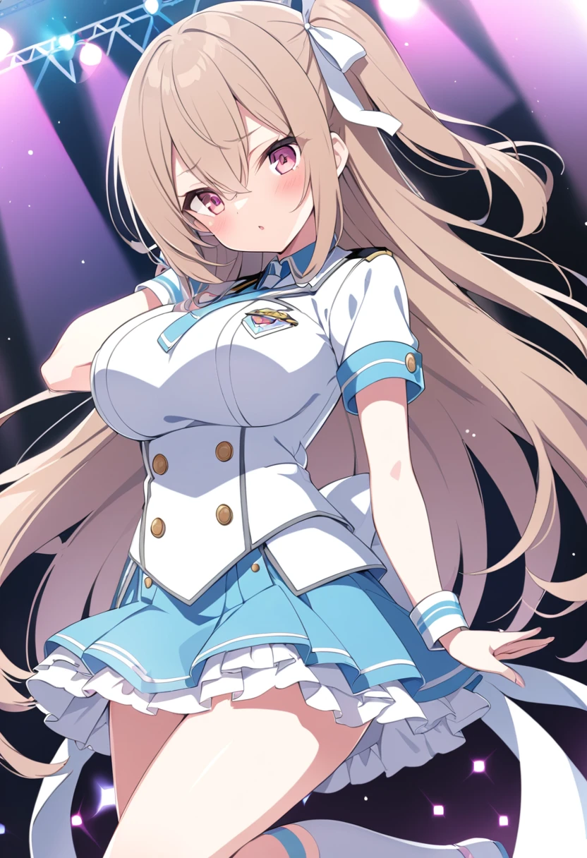 ASAHINAMOMOKO
LIGHT BROWN HAIR, HAIR RIBBON, WHITE RIBBON, ONE SIDE UP, HAIR BETWEEN EYES, VERY LONG HAIR, PINK EYES, , Big Breasts, Live Stage, uniform