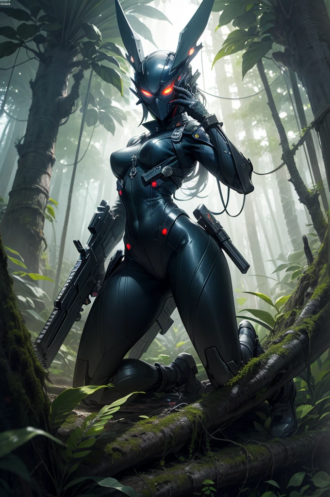 Photo , Smart, ((One:1.3)), a mask, weaving ,   glowing eyes,    Cover your face completely   , black bodysuit, gun, skin-tight face a mask,   stand on top of a tree  ,    Kneeling next to a giant tree, lush jungle  , dense forest,   rainforest  ,   dark atmosphere  , at night, 